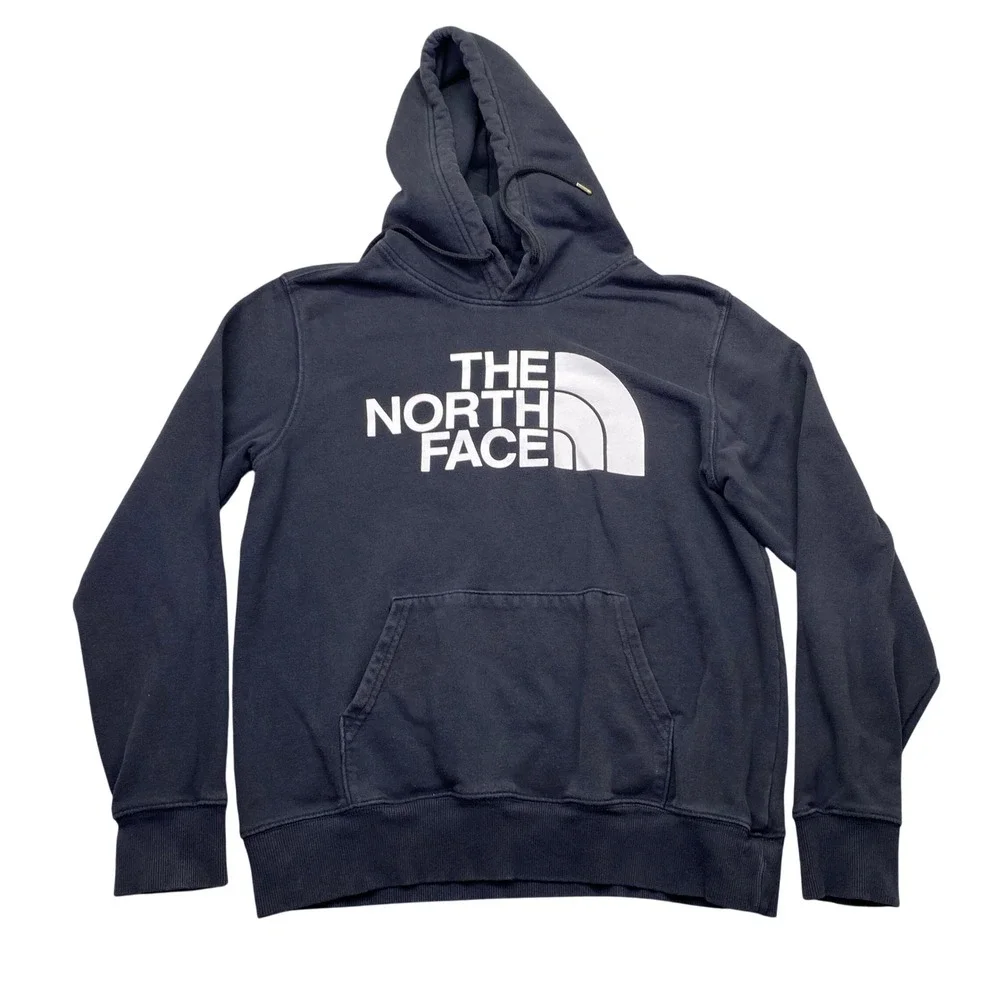 The North Face Mens Black Pullover Hoodie White Logo Fleece‎ Sweatshirt Size M